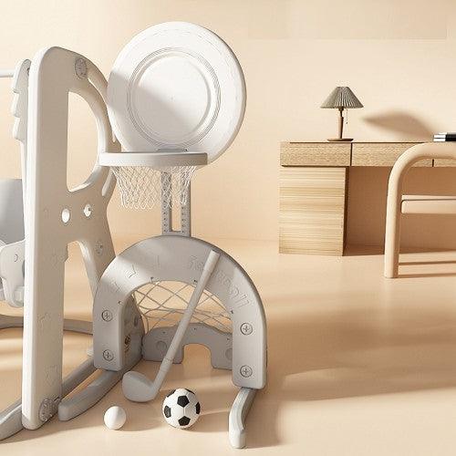 5-in-1 Kids Slide and Swing Set with Adjustable Hoop, Soccer Goal, Golf Hole for Indoor, Outdoor (White) - Toytexx 5-in-1 Kids Slide and Swing Set with Adjustable Hoop, Soccer Goal, Golf Hole for Indoor, Outdoor (White) - Toytexx